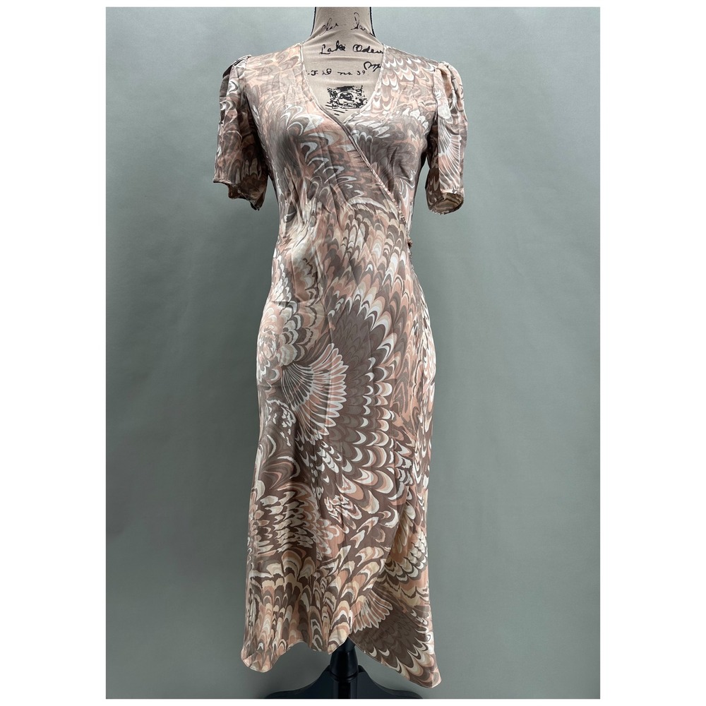 Cynthia Rose New York Silk Wrap Dress Brown Marbled Feather Print XS Puff Sleeve